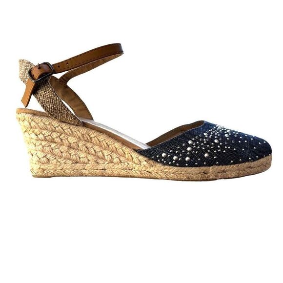 White Mountain Navy Denim Espradilles Wedge Beaded Metallic Sandals NWOB Size 8 - Picture 1 of 8